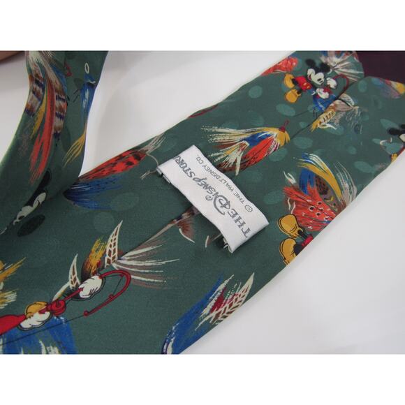 The Disney Store 100 Silk Mickey Mouse Tie Fly Fishing Graphic on Green Teal - Picture 3 of 7